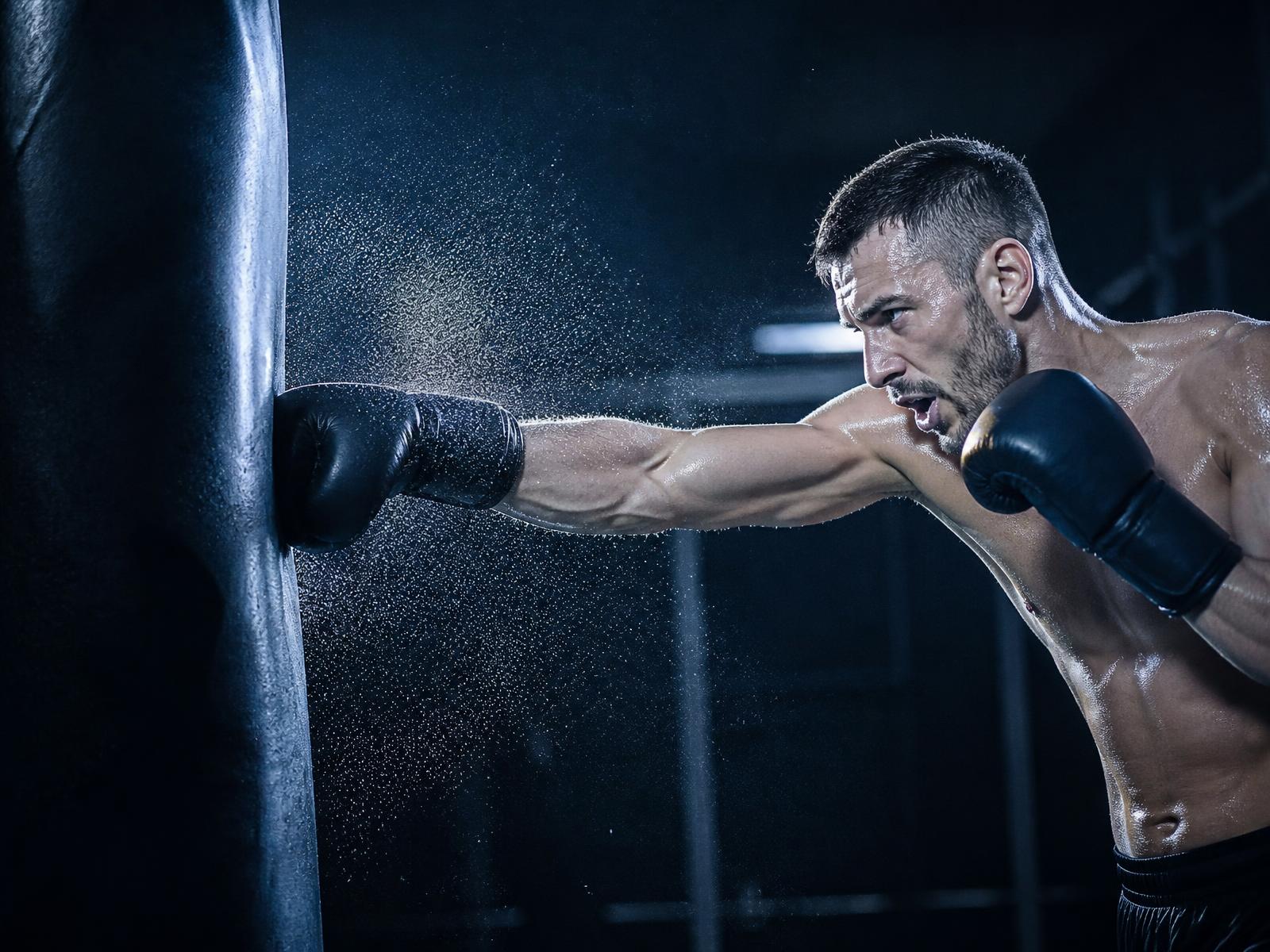 Boxer throwing an explosive punch into a heavy bag during a night training session