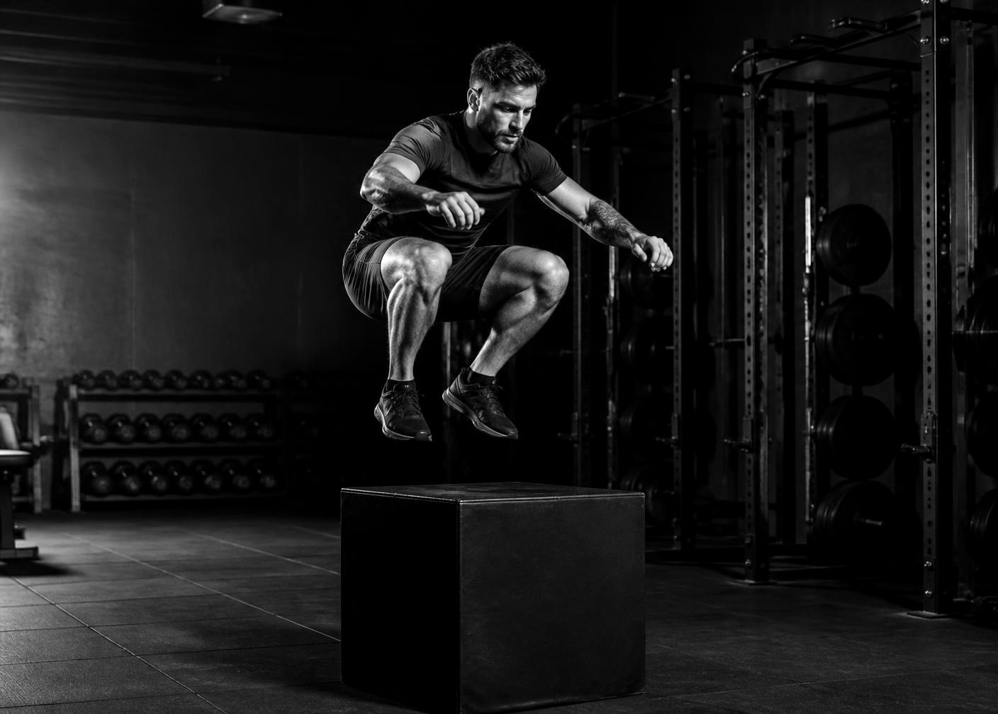 Single leg plyometric box jump captured mid air with force readouts overlaid